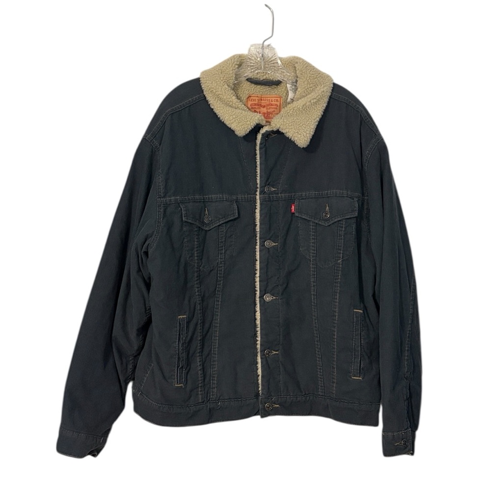 Levi's Sherpa Lined Corduroy Trucker Jacket XL Blue Tan Sherpa Collar Warm